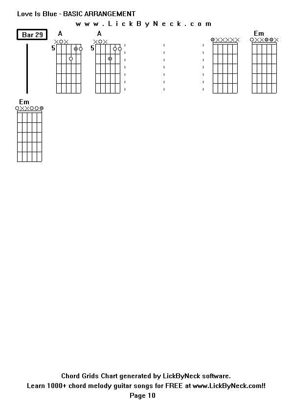 Chord Grids Chart of chord melody fingerstyle guitar song-Love Is Blue - BASIC ARRANGEMENT,generated by LickByNeck software.